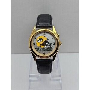 Green Bay Packers Sun Time Quartz Analog Watch Gold Tone Football New Battery